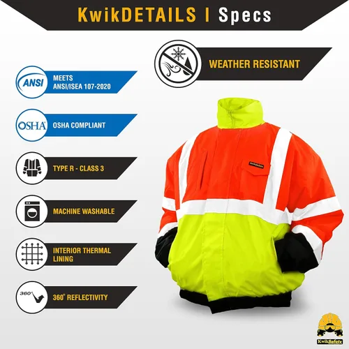 Miniatura 5 de KwikSafety Chaquetas reflectantes Bombarderos de trabajo de alta visibilidad aislados para hombre Amarillo, Naranja, Multicolor 6. Bolsillo