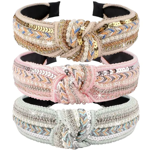 TOBATOBA Diademas anudadas para mujer, paquete de 3 diademas con cuentas de perlas de diamantes de imitación, diademas bohemias con nudo superior,