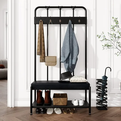 Miniatura 3 de Allewie Perchero para zapatos, árbol de pasillo independiente de 75 pulgadas, banco de entrada con estantes de almacenamiento, asiento tapizado