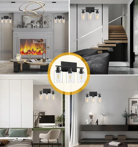 Miniatura 6 de Lámparas de baño, 3 luces, lámpara de tocador negra con pantalla de vidrio transparente, lámpara de pared moderna con marco de metal, lámparas