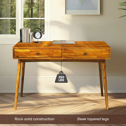 Miniatura 8 de Acacia Lagom - Escritorio de trabajo de madera maciza de 48 pulgadas con cajones, muebles de oficina, mesa de trabajo de estilo escandinavo