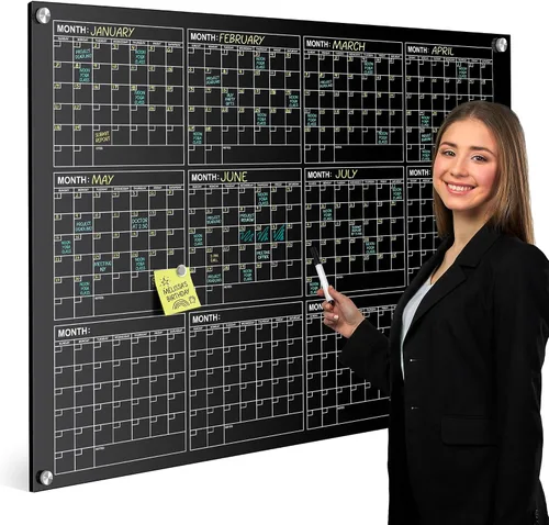 Miniatura 9 de Pizarra blanca magnética negra de vidrio de 34 x 46 pulgadas, calendario anual, pizarra blanca, calendario de borrado en seco para pared, pizarra