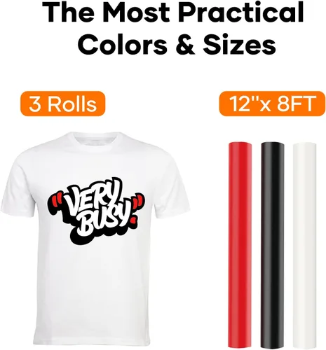 Miniatura 6 de HTVRONT - Rollo de vinilo termotransferible, 12 in x 8 ft, para diseños en camisetas, fácil de cortar y despegar, color negro, blanco y rojo C-Negro