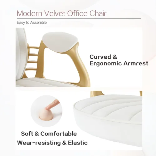 Miniatura 8 de Silla de oficina en casa de terciopelo con brazos y patas dorados, cómoda silla de escritorio giratoria tapizada y capitonada, cómoda con ruedas