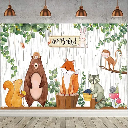 Cartel de fondo de baby shower con temática de animales de la selva, decoración de fiesta de baby shower, criatura del bosque, fondo de fotografía