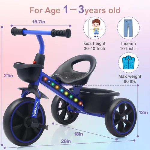 Miniatura 3 de Triciclo para niños con luces LED coloridas para niños pequeños de 1 a 3 años, diseño estable de 3 ruedas y canasta de almacenamiento para paseos