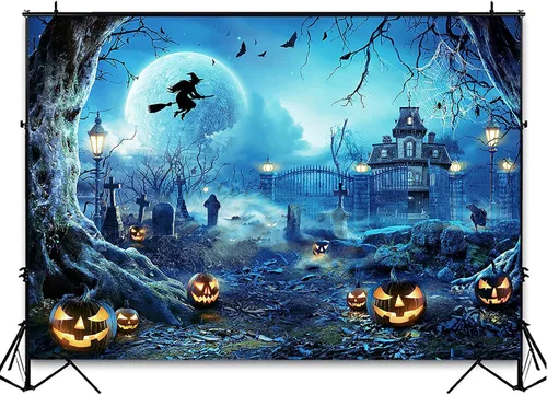 Miniatura 7 de Avezano Telón de fondo para fotografía de Halloween, luna llena, noche aterradora, castillo, calabazas, fondo de fiesta, espeluznante, bruja, Azul