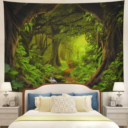 Tapiz de bosque brumoso, árbol de la vida, tapiz de fantasía, paisaje, naturaleza, decoración de pared, selva tropical, selva, bosque, tapiz de