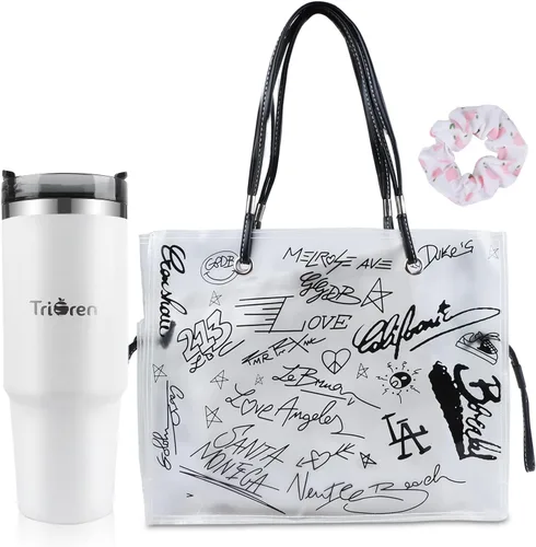 Large Clear Tote Bag Set, Stylish and Durable handBag&Inner Bag&32OZ Stainless Steel Tumbler for Sports Travel Gift for Women