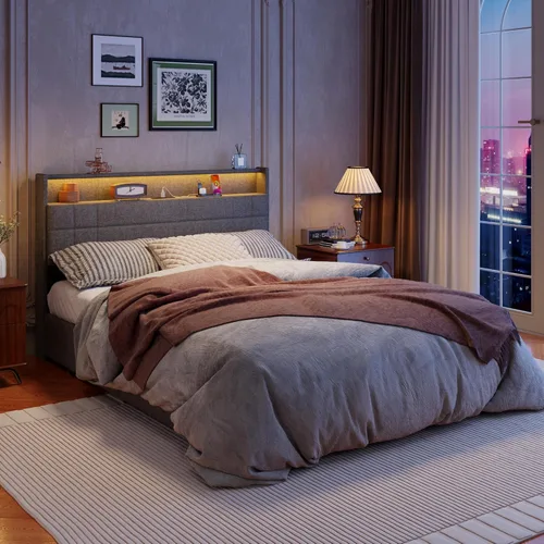 Miniatura 4 de Forestell Base de cama Queen con 4 cajones y cabecera de almacenamiento, base de cama tapizada gris tamaño Queen con estación de carga y luces LED