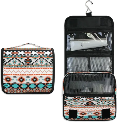 Miniatura 6 de Bolsa de aseo étnica azteca colgante, bolsa de cosméticos de viaje geométrica, bolsa organizadora de maquillaje, bolsa de lavado portátil con gancho