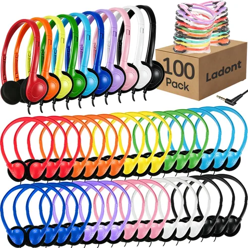 Miniatura 10 de Paquete de 10 auriculares para niños a granel para el aula escolar, auriculares multicolor con cable para estudiantes, auriculares ajustables