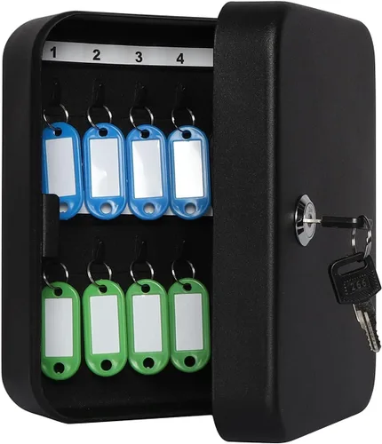 JSSMST Caja de bloqueo de llave, armario de seguridad de montaje en pared, 20 ganchos para llaves y etiquetas, 7.87 x 6.3 x 2.95 pulgadas, negro mate