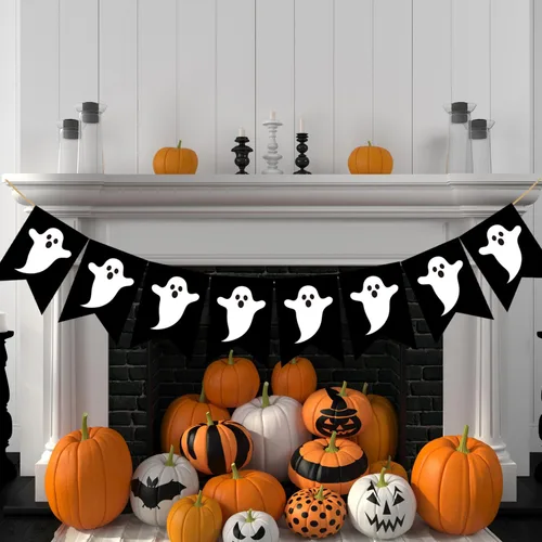 Doumeny Pancarta de arpillera de fantasma de Halloween, guirnalda espeluznante, guirnalda espeluznante, pancarta negra para fiesta, bandera de truco