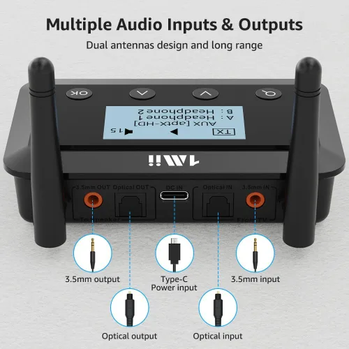 Miniatura 6 de 1Mii B03+ Receptor transmisor Bluetooth para TV Home Stereo, adaptador Bluetooth 5.3 de largo alcance para audio de TV con pantalla, aptX baja