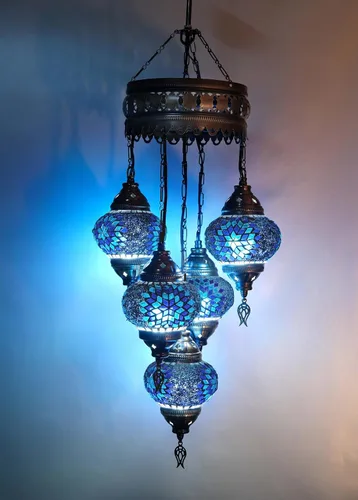 Miniatura 10 de Asylove Candelabros turcos de 5 globos, lámpara colgante de mosaico, iluminación de techo marroquí Art Deco de 5 globos, 5 pulgadas de altura total