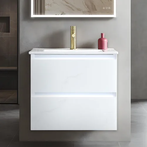 Miniatura 14 de Blossom Tocador de baño LED de 24 pulgadas – Tocador flotante montado en la pared con luces – 100% impermeable PVC de grado marino – Moderno