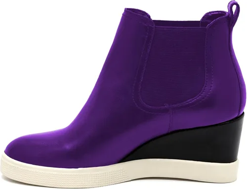 Miniatura 3 de FOWT Women Leather Wedge Sneaker Chelsea Boots Wide Width Ankle Boot Waterproof High Chunky Heels Short Booties Slip-On Light Rain Shoes Winter Fall
