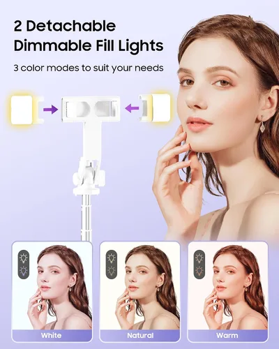 Miniatura 2 de Trípode para selfie stick de 53 pulgadas con luz, soporte mejorado para teléfono celular de 4 patas, trípode para cámara con control remoto Blanco a