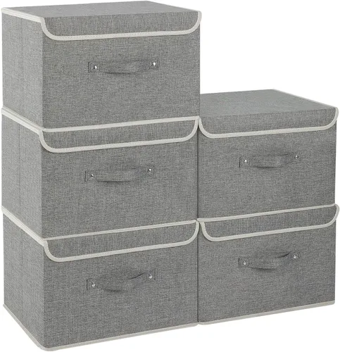 Miniatura 24 de Cajas de almacenamiento, contenedores de almacenamiento plegables con tapas, cestas de almacenamiento de tela de algodón y lino con asa
