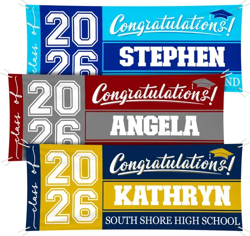 Miniatura 9 de Cartel de graduación 2026 personalizado – Tus propios colores escolares, mensaje – 17 opciones de color 3 tamaños, vinilo de 13 onzas – Bandera