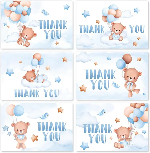 AnyDesign Tarjetas de agradecimiento de oso para baby shower, paquete de 30 tarjetas de felicitación con globos de oso azul de dibujos animados con