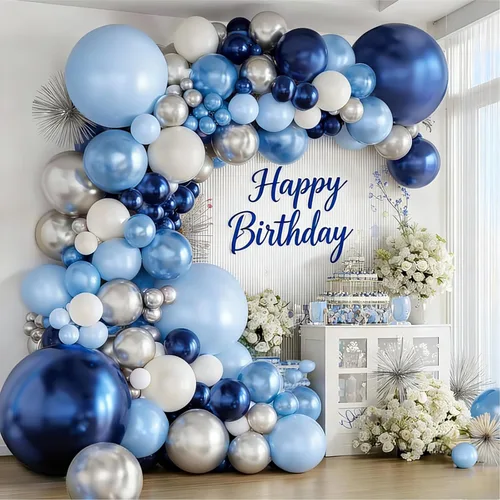 Miniatura 12 de Kit de arco de globos azul marino, dorado y blanco, 129 piezas de doble relleno, azul real, cromado, oro, perla, arena, blanco, confeti, guirnalda