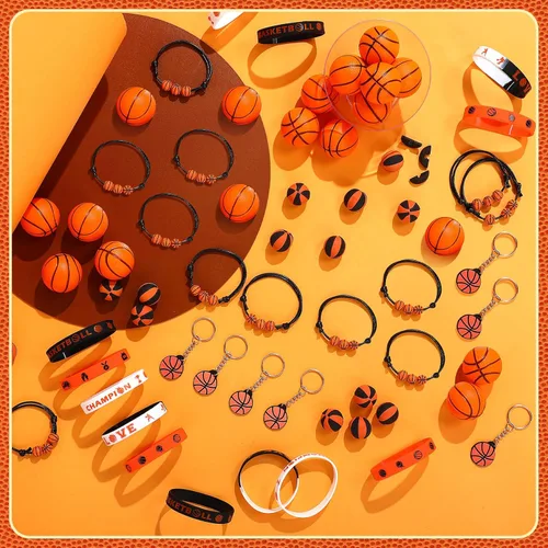 Miniatura 6 de Aoriher Regalos de fiesta deportiva de baloncesto para niños, 15 juegos de pulseras deportivas de silicona, mini bola antiestrés, llavero temporal