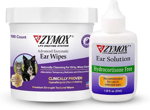 Zymox Toallitas enzimáticas para oídos y solución para los oídos sin hidrocortisona para perros y gatos – Paquete de producto – para orejas sucias,