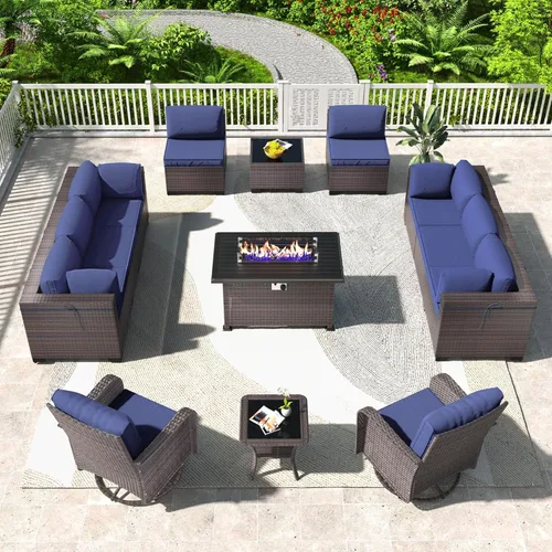 Miniatura 23 de Kullavik Juego de 13 muebles de patio al aire libre con mesa de fogata de gas propano de 43 pulgadas, 55000 BTU, mimbre de polietileno, sofá Arena