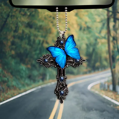 Miniatura 3 de Talataca Mariposa azul, orar por Dios Jesús CROS cristiano 2D espejo retrovisor plano coche accesorios de árbol de Navidad decoración colgante