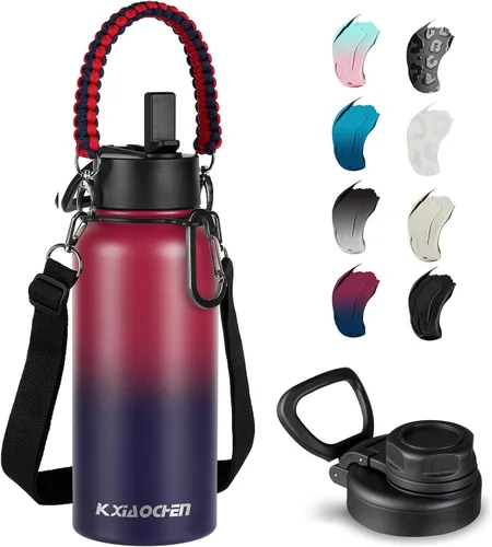 Miniatura 50 de KXIAOCHEN Botella de agua aislada, botella de agua de acero inoxidable, 2 tapas (con pajilla y tapa con asa), botellas de agua metálicas de boca