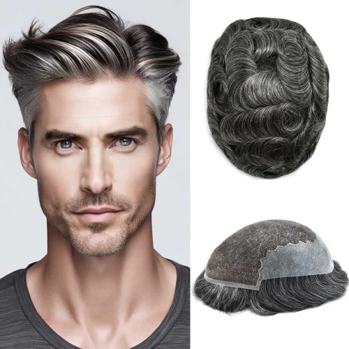 Miniatura 45 de Mens Toupee Human Hair Replacement System Swiss Lace Toupee For Men Hair Piece Protesis Capilar Mens Hairpiece 5X7#1 Jet Black 120% Density