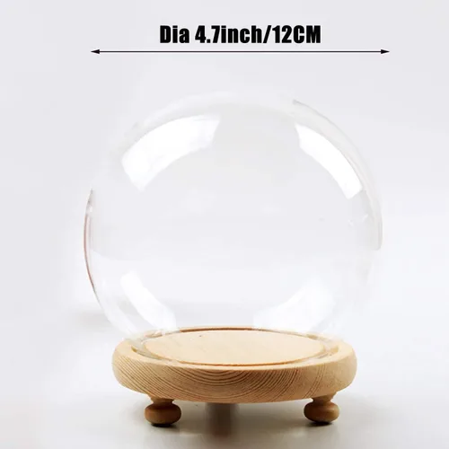 Miniatura 3 de Cúpula redonda de cristal Cloche Ball Jar Exhibición de mesa con base de madera Diámetro 4.7 pulgadas