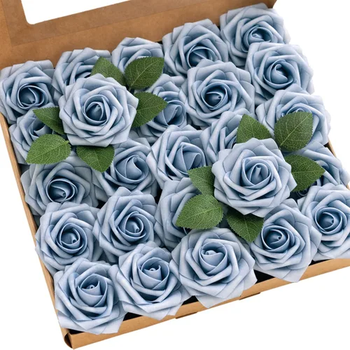 Ling's moment Flores Artificiales 25 Piezas Rosas de Provenza Decorativas con Tallos, 3" Tacto Real Espuma Floral DIY para Ramo de Boda/Centros de