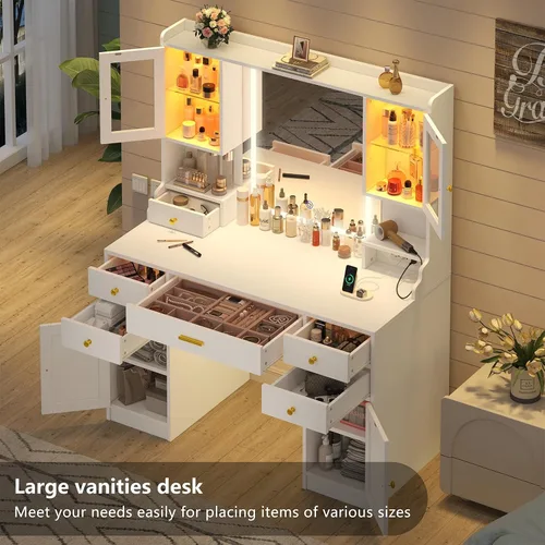Miniatura 7 de Escritorio de tocador con espejo y luces, mesa de tocador de maquillaje blanca con estación de carga, escritorio grande con 6 cajones y 2 gabinetes