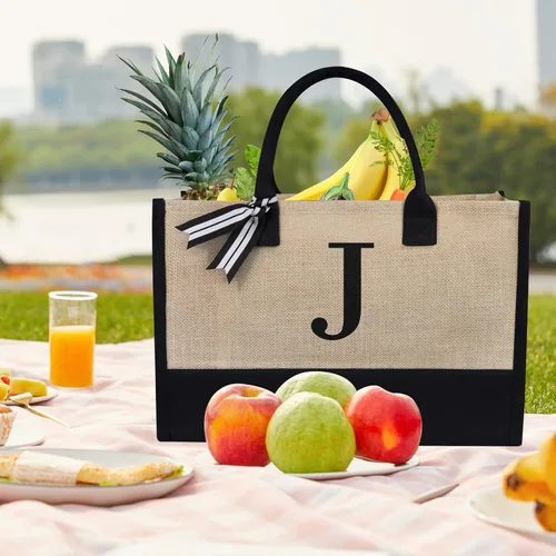 Miniatura 12 de TOPDesign - Bolso de playa de lona con inicial personalizada, bolsa de regalo con monograma, para mujer