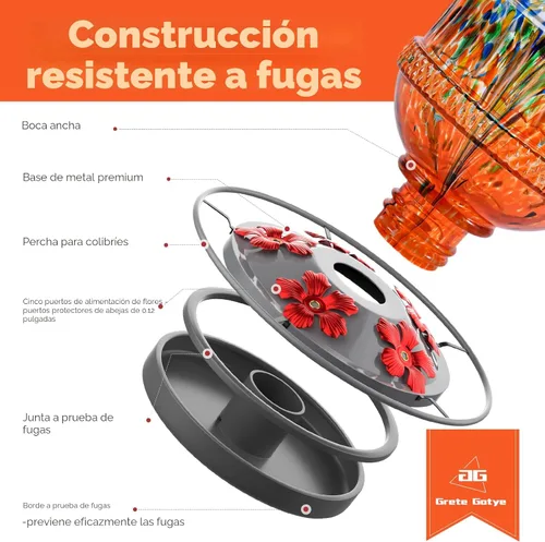 Miniatura 3 de Comederos para colibríes de vidrio soplado para exteriores, comedero de néctar para pájaros silvestres de 25 onzas con percha y 5 puertos