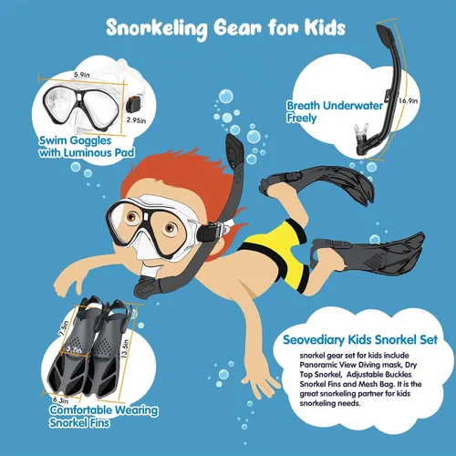 Miniatura 4 de Seovediary Juego de esnórquel para niños, máscara, aletas, equipo de esnórquel para niños, gafas de natación antiniebla con vista panorámica de 180