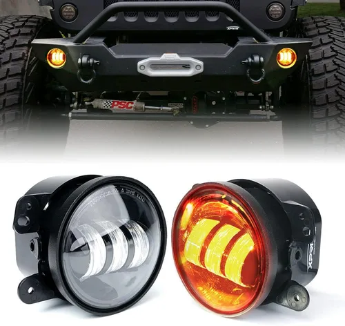 Xprite Luz antiniebla LED ámbar de 4 pulgadas compatible con Jeep Wrangler JK Unlimited JKu 2007-2018, faros antiniebla para conducción todoterreno,