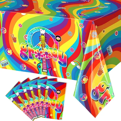 Miniatura 8 de Tiamon 3 manteles de plástico estilo hippie retro para mesa rectangular, decoraciones de fiesta de arco iris desechables para fiestas de los años 60