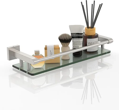 Estantes de vidrio para baño, estantes de baño de níquel cepillado de 16 pulgadas para pared, rectangulares de acero inoxidable, vidrio templado,