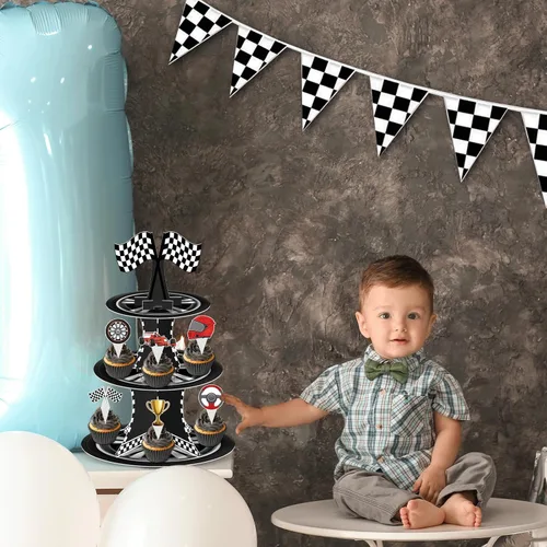 Miniatura 7 de Soporte para cupcakes de auto de carreras de 3 niveles con 24 adornos para tartas, decoraciones de fiesta de cumpleaños, temática de autos