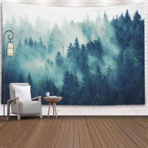 Miniatura 55 de EMMTEEY Tapiz de pared con bosque - Árbol de pino verde y niebla, arte de pared natural, 80x60 pulgadas, tapiz grande de estilo bohemio para sala