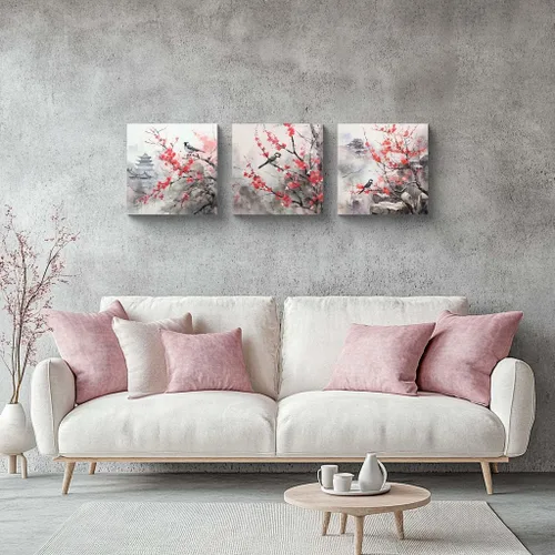 Miniatura 6 de Arte de Pared de Acuarela de Estilo Asiático Tradicional Chino Pájaro en Rama de Flor de Cerezo Roja Decoración Paisaje Floral Oriental Pintura