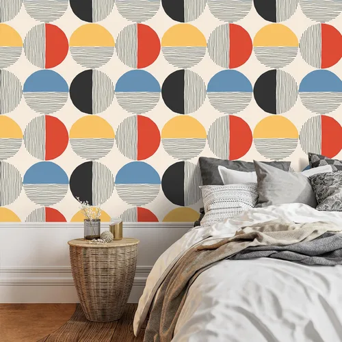 Miniatura 3 de VEELIKE Papel tapiz geométrico moderno para despegar y pegar, papel tapiz geométrico bohemio de mediados de siglo para dormitorio y baño, 17.7 x 118