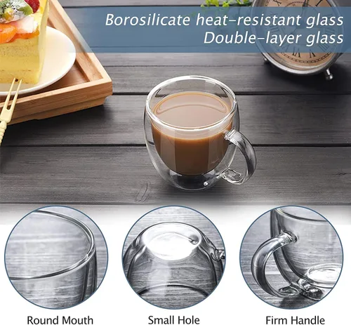 Miniatura 2 de Tazas de café de vidrio de 8 oz de doble pared, juego de 4 tazas de vidrio transparente, tazas de café de vidrio de borosilicato aisladas con asa