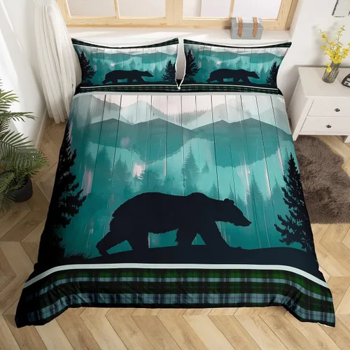 Manfei Juego de funda de edredón de oso tamaño individual, funda de edredón de animales salvajes con 1 funda de almohada, juego de ropa de cama de