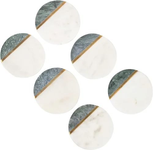 Miniatura 8 de GoCraft Juego de 4 posavasos redondos de mármol, posavasos de piedra multicolor hechos a mano con incrustaciones de latón dorado, elegantes