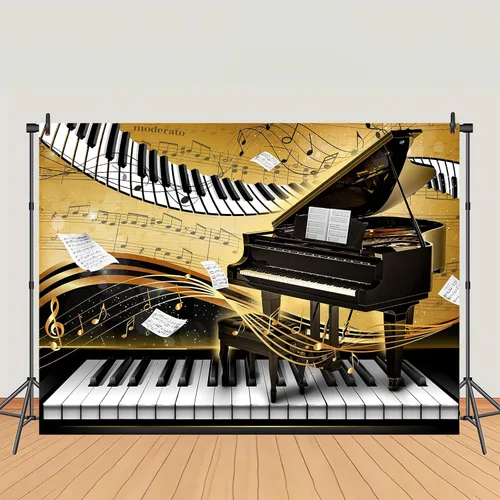 Miniatura 2 de Telón de fondo con tema de piano de 7 x 5 pies, notas musicales doradas, fondo de foto, tema musical, decoración de fiesta de cumpleaños, pancarta